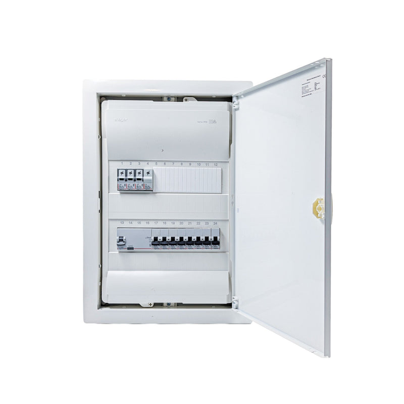 HL24P04 24-module pre-wired 3-phase distribution board, Legrand RX3 RCD and B16 MCBs with SPD