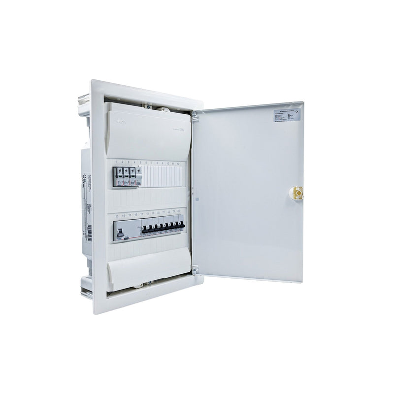 Hager Volta 24-module pre-wired distribution board, door open, Legrand RX3 RCD and B16 MCBs
