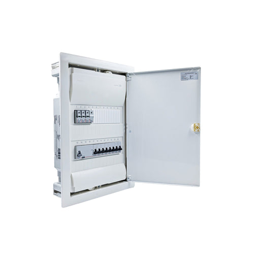 Hager Volta 24-module pre-wired distribution board, door open, Legrand RX3 RCD and B16 MCBs