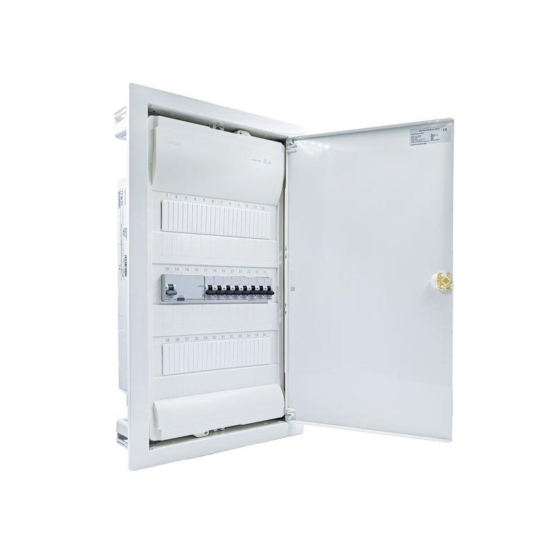 Hager Volta 36-module pre-wired distribution board, door open, Legrand RX3 RCD and B16 MCBs