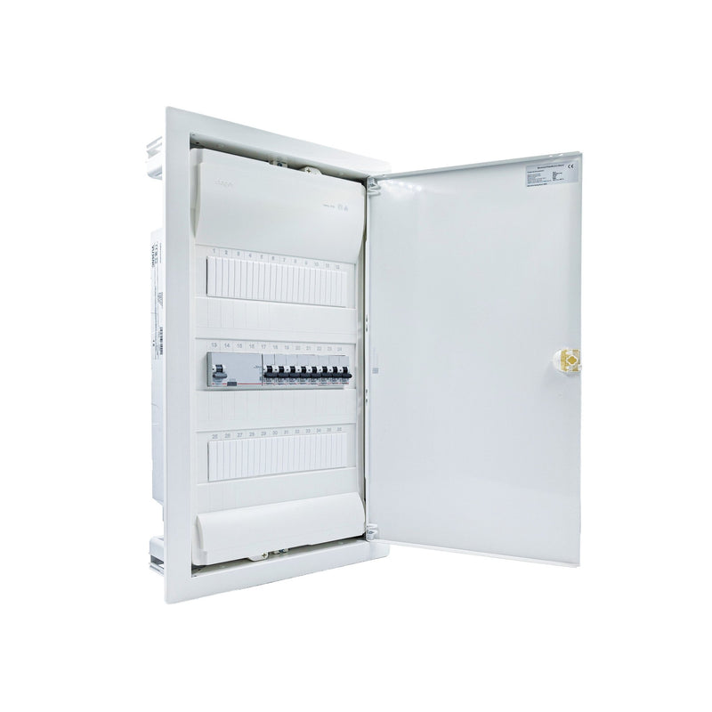 Hager Volta 36-module pre-wired distribution board, door open, Legrand RX3 RCD and B16 MCBs