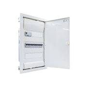 Hager Volta 36-module pre-wired distribution board, door open, Legrand RX3 RCD and B16 MCBs