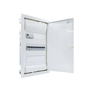 Hager Volta 36-module pre-wired distribution board, door open, Legrand RX3 RCD and B16 MCBs
