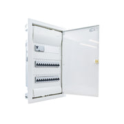 Hager Volta 36-module pre-wired distribution board, door open, Legrand RX3 RCD and B16 MCBs