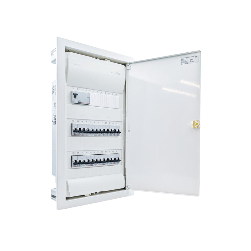 Hager Volta 36-module pre-wired distribution board, door open, Legrand RX3 RCD and B16 MCBs