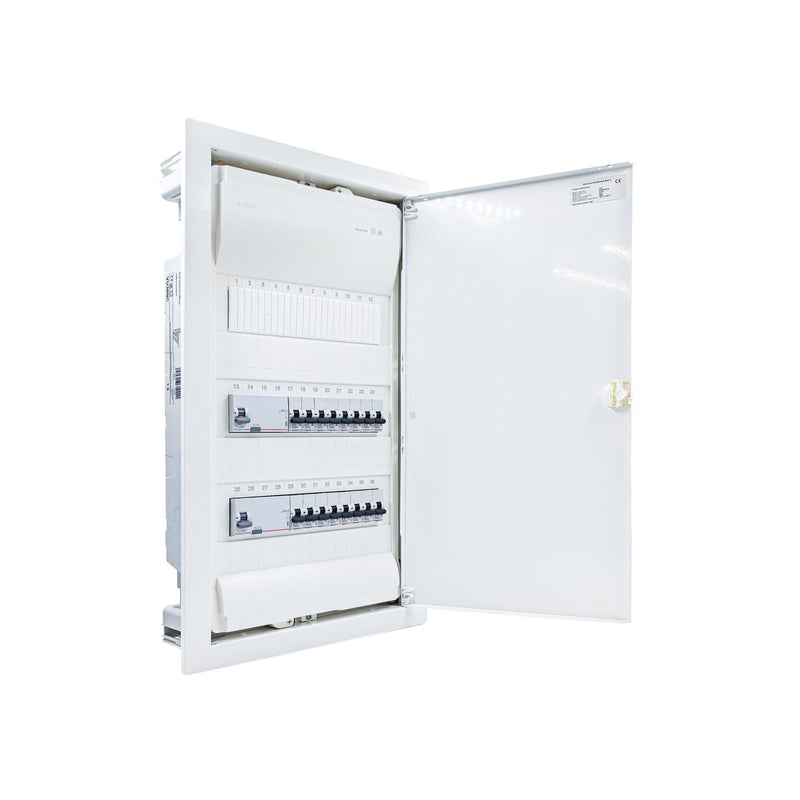 Hager Volta 36-module pre-wired distribution board, door open, Legrand RX3 RCD and B16 MCBs