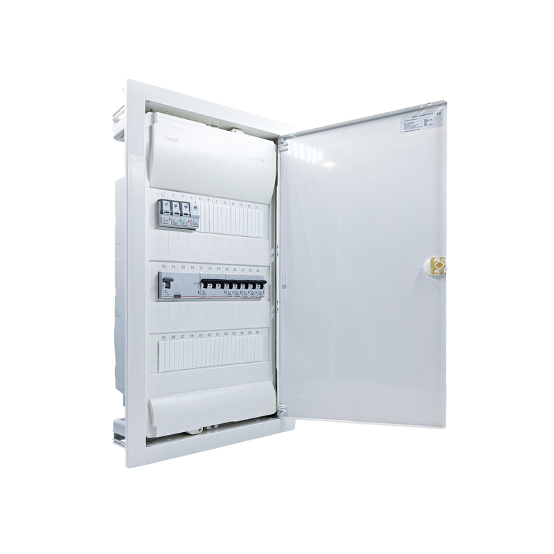 Hager Volta 36-module pre-wired distribution board, door open, Legrand RX3 RCD and B16 MCBs