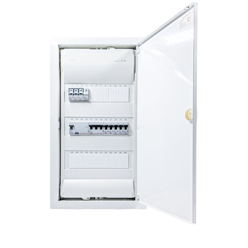 HL36P07 36-module pre-wired 3-phase distribution board, Legrand RX3 RCD and B16 MCBs with SPD