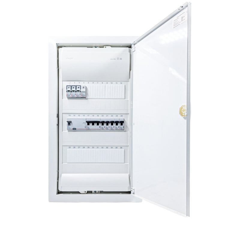 HL36P07 36-module pre-wired 3-phase distribution board, Legrand RX3 RCD and B16 MCBs with SPD