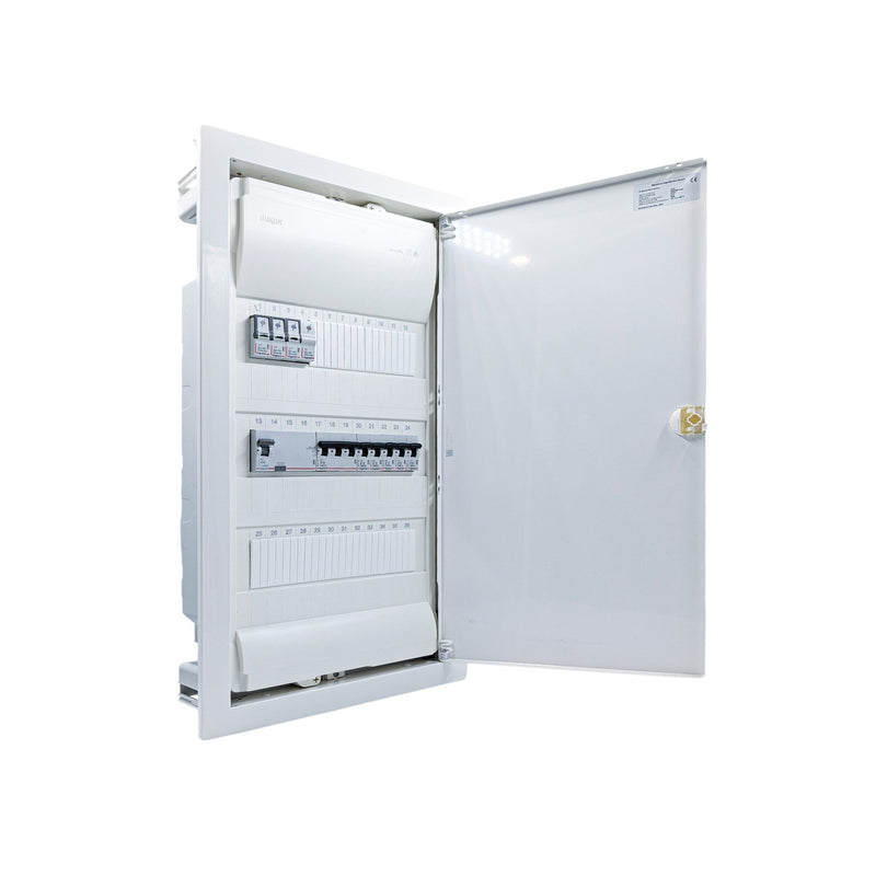 Hager Volta 36-module pre-wired distribution board, door open, Legrand RX3 RCD and B16 MCBs