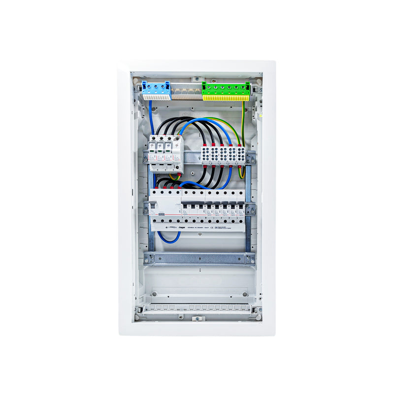 HL36P07 distribution board internal wiring, 3-phase busbar comb, neutral and earth bars with Type 1+2 SPD