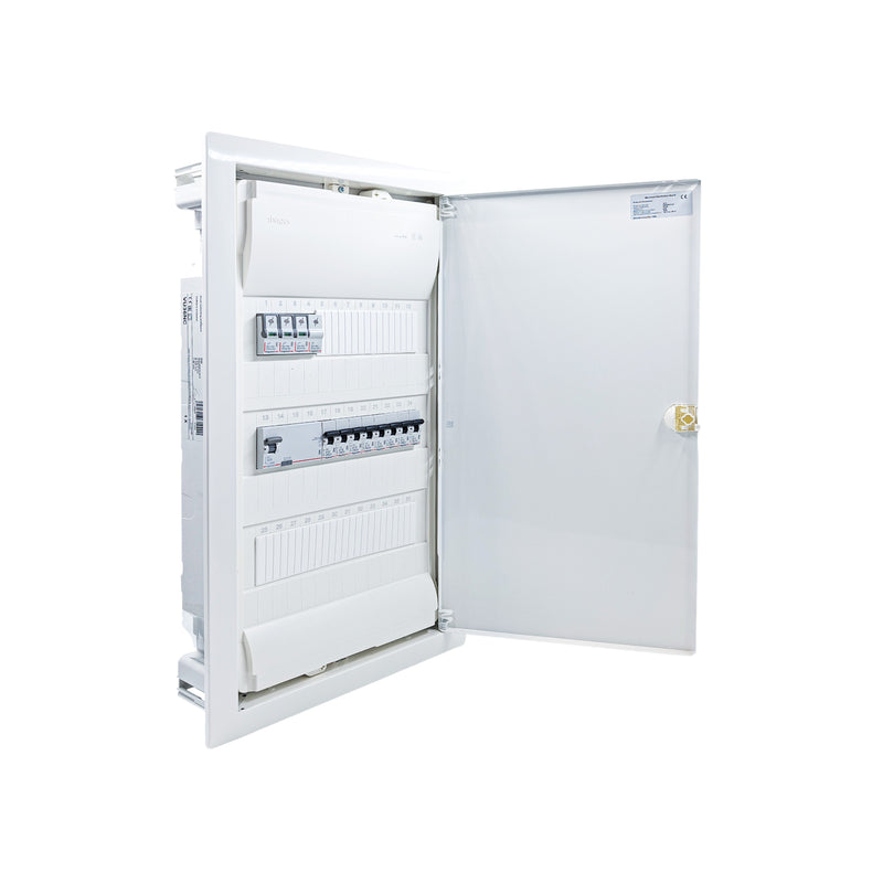 Hager Volta 36-module pre-wired distribution board, door open, Legrand RX3 RCD and B16 MCBs