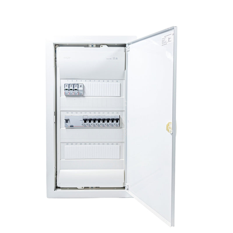 HL36P08 36-module pre-wired 3-phase distribution board, Legrand RX3 RCD and B16 MCBs with SPD