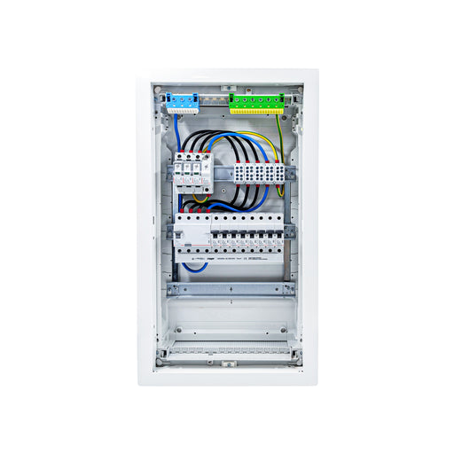 HL36P08 distribution board internal wiring, 3-phase busbar comb, neutral and earth bars with Type 1+2 SPD