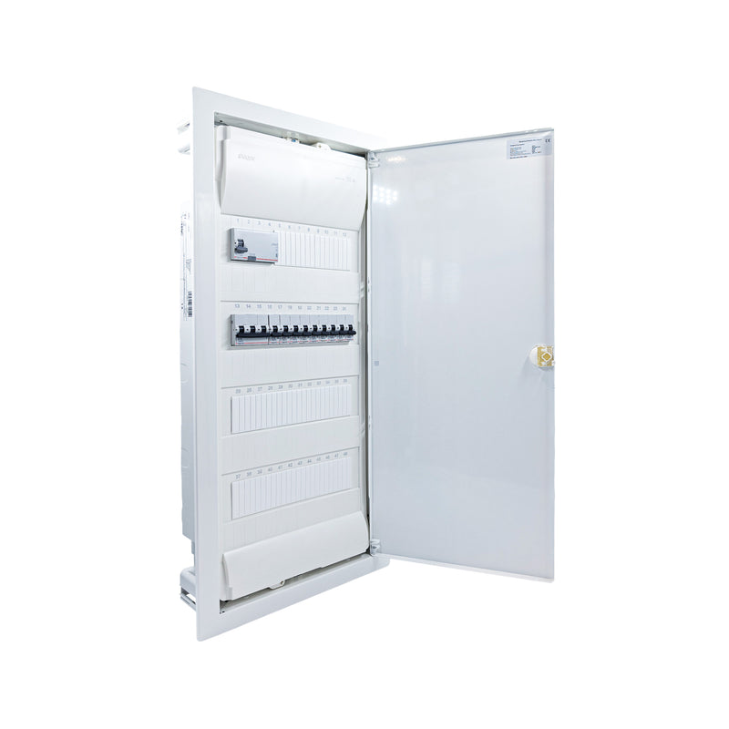 Hager Volta 48-module pre-wired distribution board, door open, Legrand RX3 RCD and B16 MCBs
