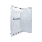 Hager Volta 48-module pre-wired distribution board, door open, Legrand RX3 RCD and B16 MCBs