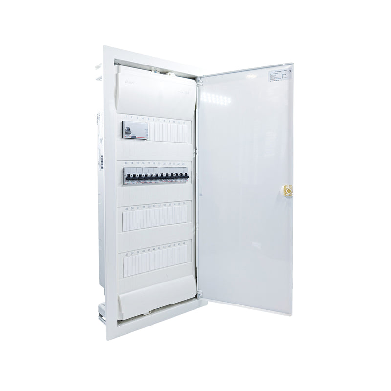 Hager Volta 48-module pre-wired distribution board, door open, Legrand RX3 RCD and B16 MCBs