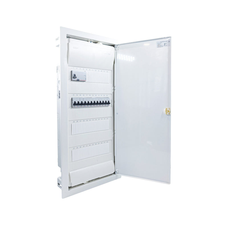 Hager Volta 48-module pre-wired distribution board, door open, Legrand RX3 RCD and B16 MCBs