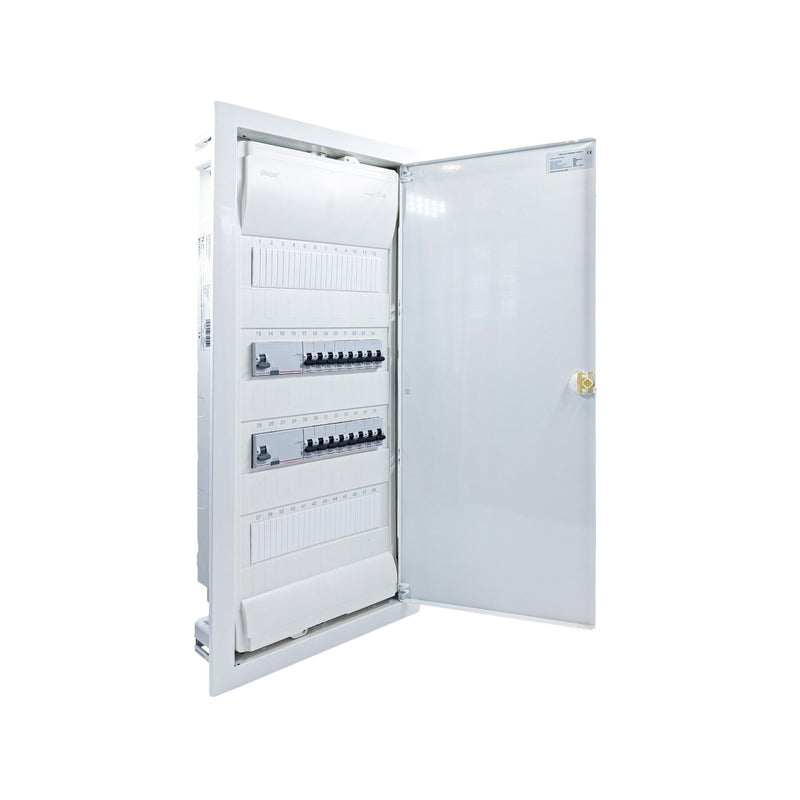 Hager Volta 48-module pre-wired distribution board, door open, Legrand RX3 RCD and B16 MCBs