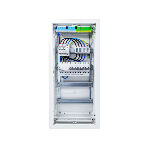 HL48P07 distribution board internal wiring, 3-phase busbar comb, neutral and earth bars with Type 1+2 SPD