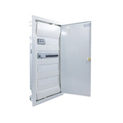 Hager Volta 48-module pre-wired distribution board, door open, Legrand RX3 RCD and B16 MCBs