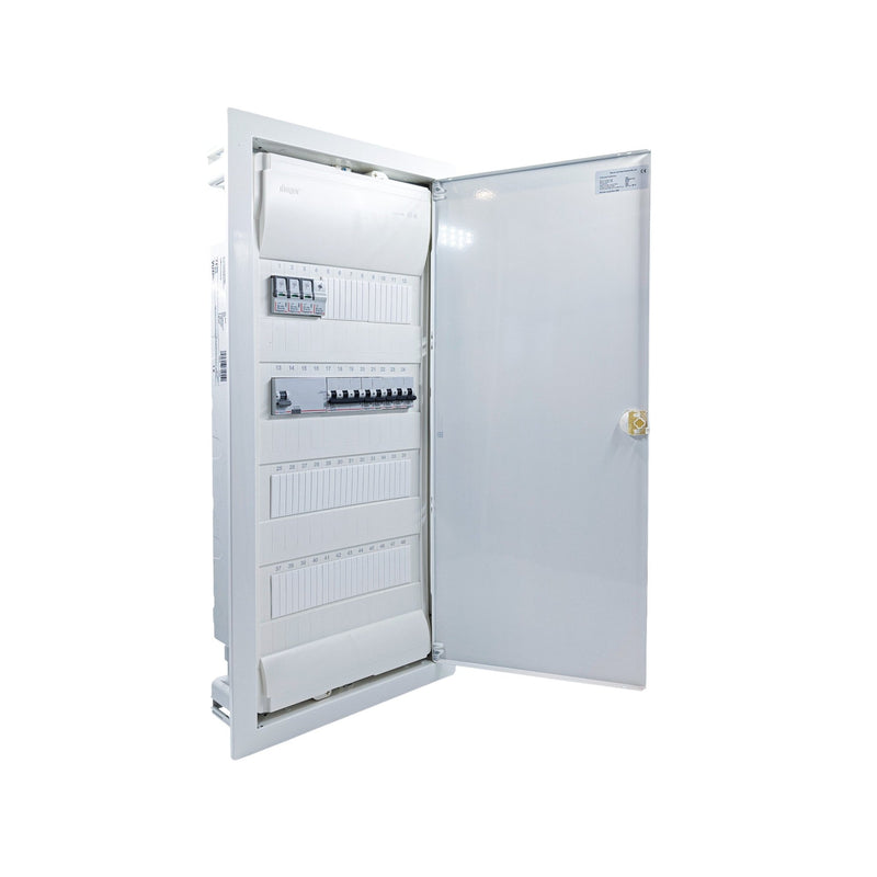 Hager Volta 48-module pre-wired distribution board, door open, Legrand RX3 RCD and B16 MCBs