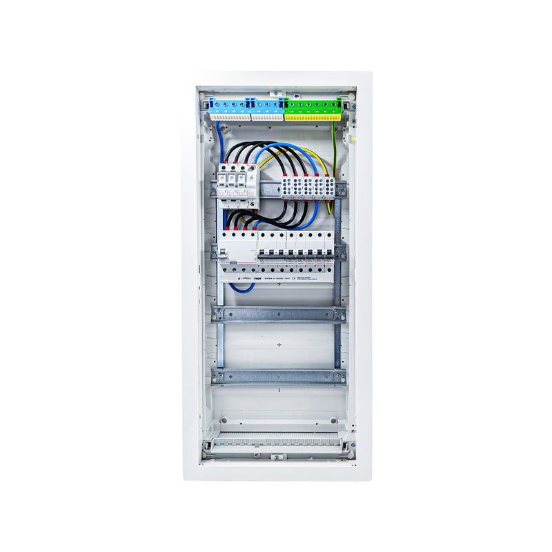 HL48P07 distribution board internal wiring, 3-phase busbar comb, neutral and earth bars with Type 1+2 SPD