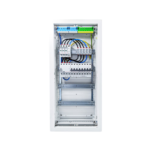 HL48P07 distribution board internal wiring, 3-phase busbar comb, neutral and earth bars with Type 1+2 SPD