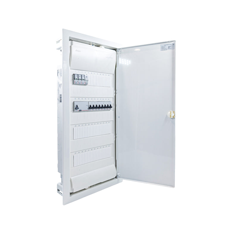Hager Volta 48-module pre-wired distribution board, door open, Legrand RX3 RCD and B16 MCBs