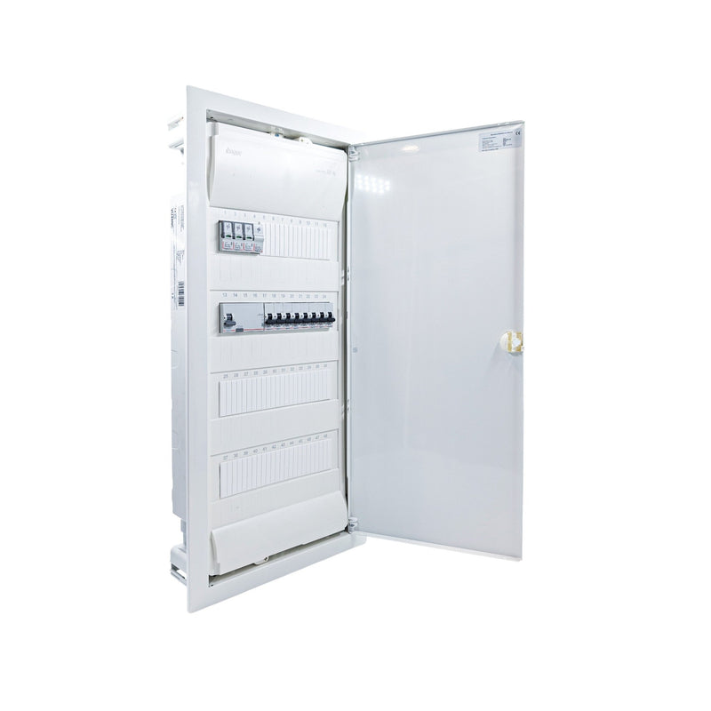 Hager Volta 48-module pre-wired distribution board, door open, Legrand RX3 RCD and B16 MCBs