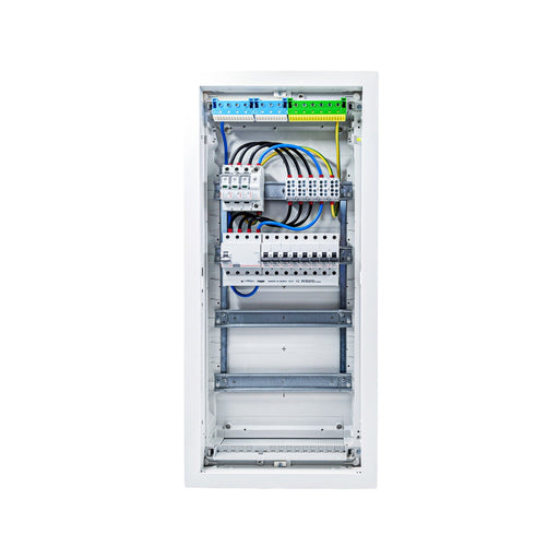 HL48P08 distribution board internal wiring, 3-phase busbar comb, neutral and earth bars with Type 1+2 SPD