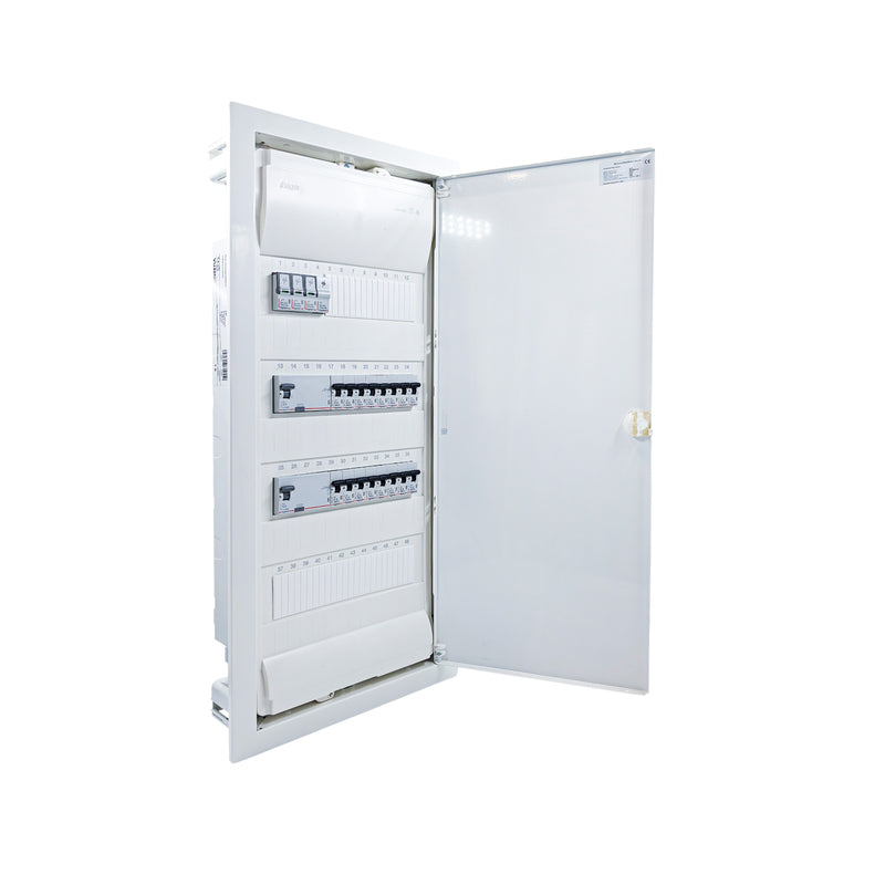 Hager Volta 48-module pre-wired distribution board, door open, Legrand RX3 RCD and B16 MCBs