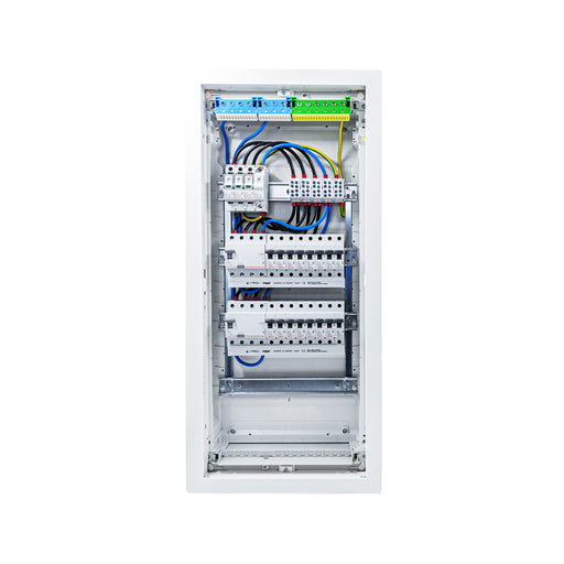 HL48P09 distribution board internal wiring, 3-phase busbar comb, neutral and earth bars with Type 1+2 SPD