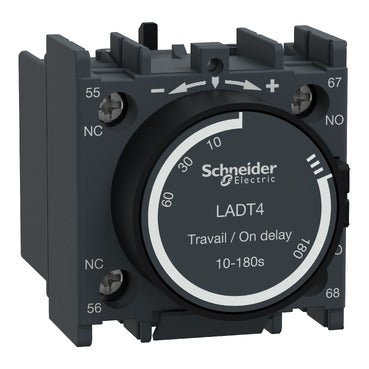 LADT4 Schneider Electric Time Delay Auxiliary Contact Block, TeSys Deca, 1NO+1NC, On - Delay 10 - 180s, Front - Gabby Electric