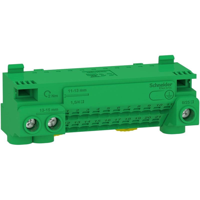 LGYT1E24 Earth terminal block, Linergy, screw and screwless terminals, 24 holes, 3x25 mm² + 21x4 mm², with jumper - Gabby Electric