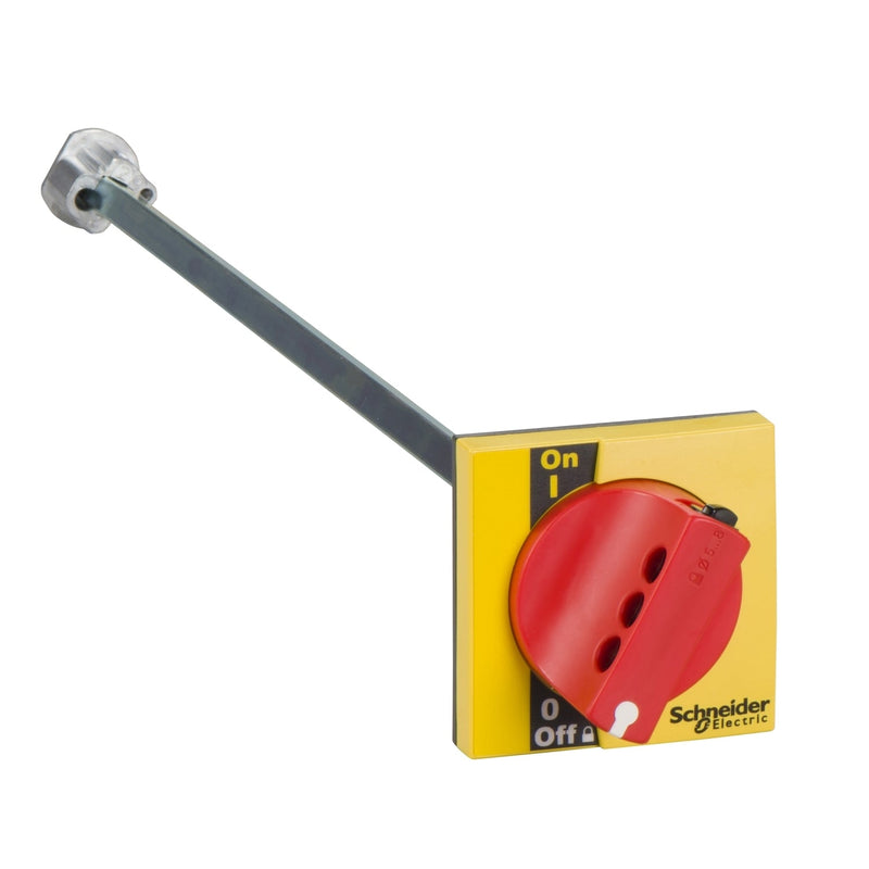 LV428942 extended rotary handle for front control, Compact INS40 to INS60, IP55, IK08, red handle on yellow front - Gabby Electric