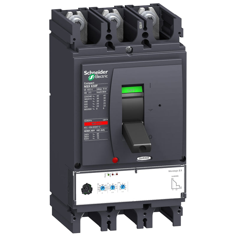 LV432876 Circuit breaker, ComPact NSX630F, 36kA/415VAC, MicroLogic 2.3 trip unit 630A, 3 poles 3d - Gabby Electric