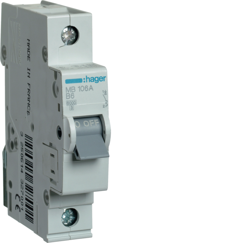 MB106A Hager MB1 Miniature Circuit Breaker 1P B6A 6kA - Gabby Electric