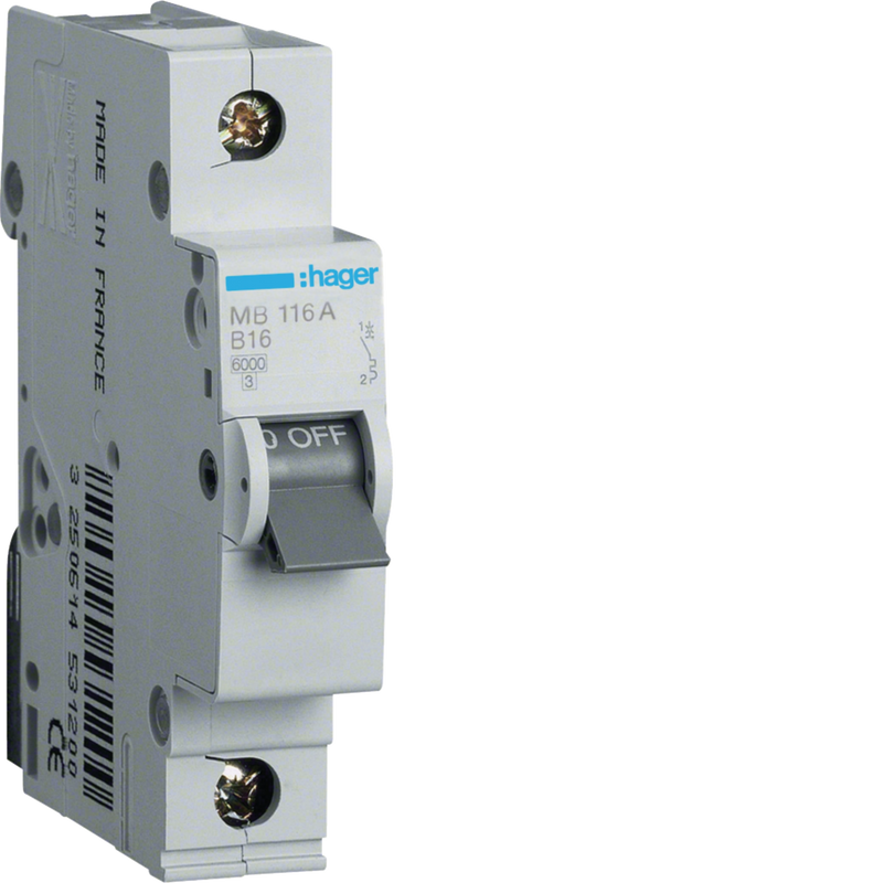 MB116A Hager MB1 Miniature Circuit Breaker 1P B16A 6kA - Gabby Electric
