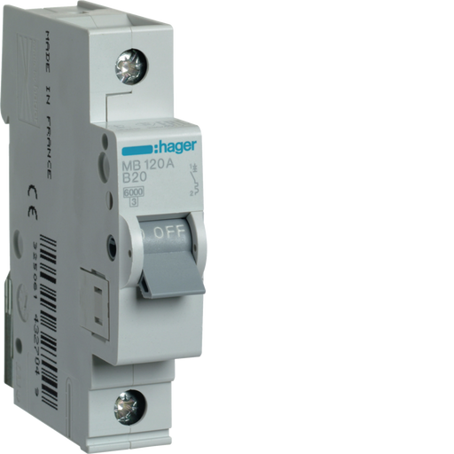 MB120A Hager MB1 Miniature Circuit Breaker 1P B20A 6kA - Gabby Electric