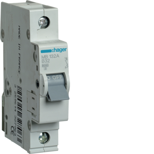 MB132A Hager MB1 Miniature Circuit Breaker 1P B32A 6kA - Gabby Electric