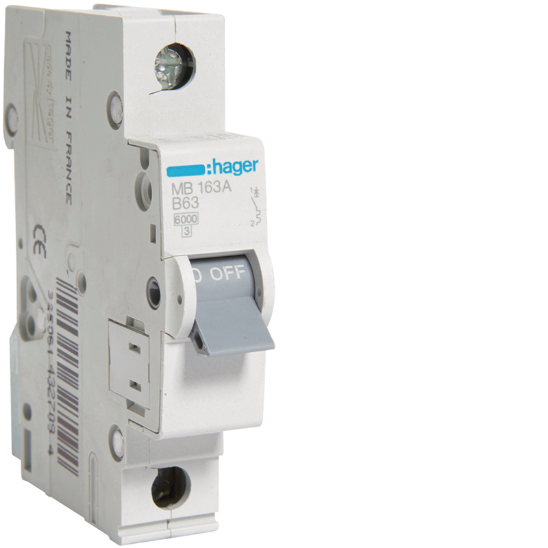 MB163A Hager MB1 Miniature Circuit Breaker 1P B63A 6kA - Gabby Electric