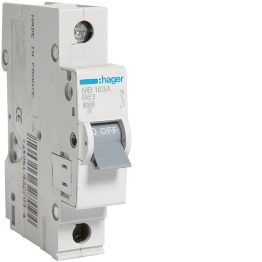 MB163A Hager MB1 Miniature Circuit Breaker 1P B63A 6kA - Gabby Electric