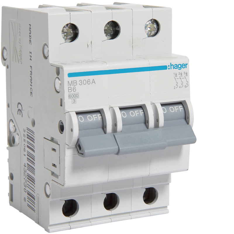 MB306A Hager MB3 Miniature Circuit Breaker 3P B6A 6kA - Gabby Electric