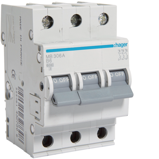 MB306A Hager MB3 Miniature Circuit Breaker 3P B6A 6kA - Gabby Electric