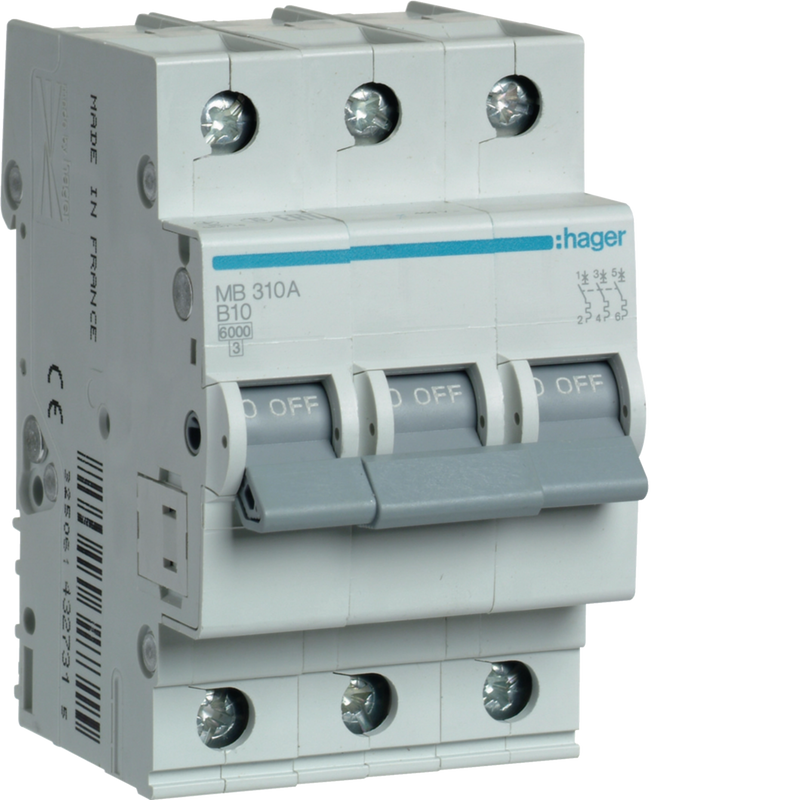 MB310A Hager MB3 Miniature Circuit Breaker 3P B10A 6kA - Gabby Electric