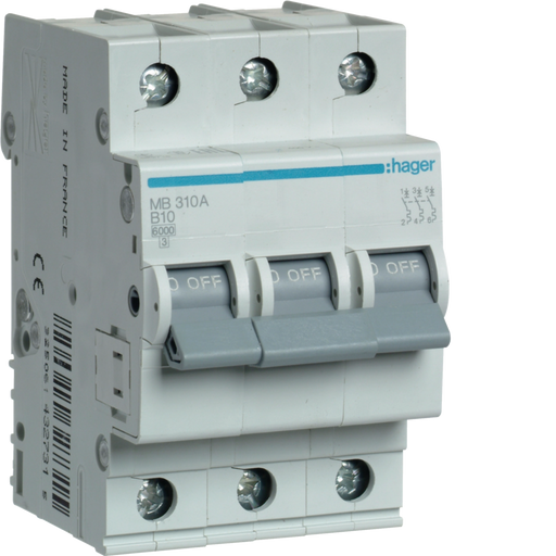 MB310A Hager MB3 Miniature Circuit Breaker 3P B10A 6kA - Gabby Electric