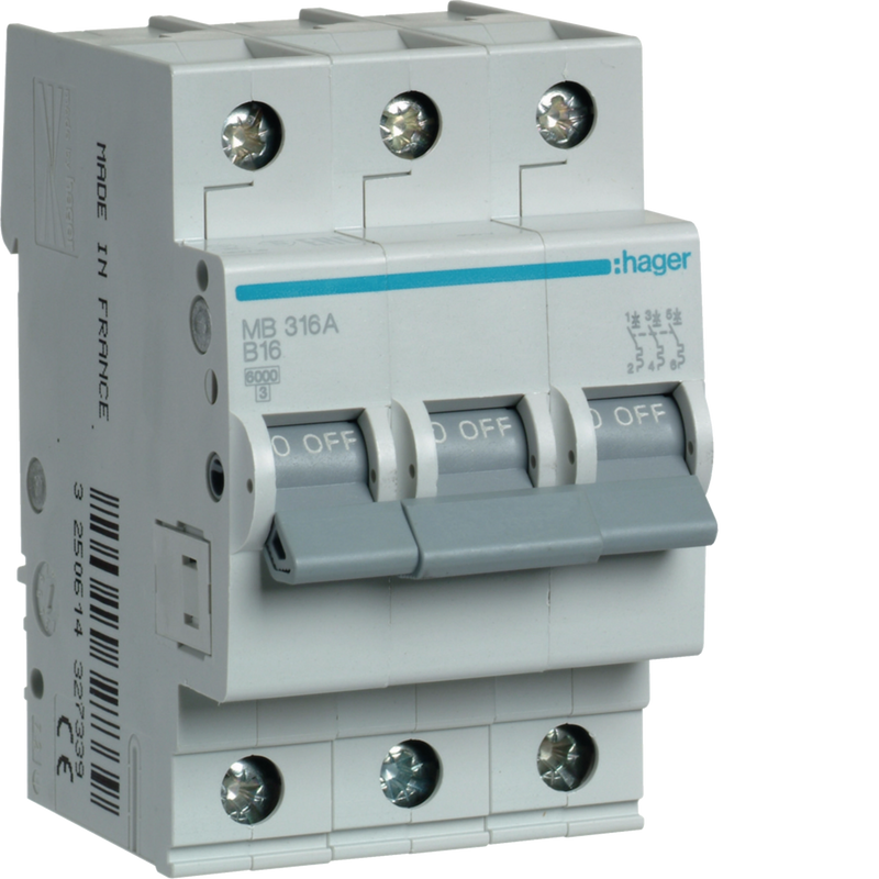 MB316A Hager MB3 Miniature Circuit Breaker 3P B16A 6kA - Gabby Electric