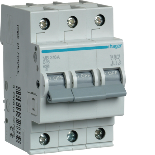 MB316A Hager MB3 Miniature Circuit Breaker 3P B16A 6kA - Gabby Electric