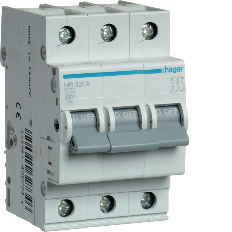 MB320A Hager MB3 Miniature Circuit Breaker 3P B20A 6kA - Gabby Electric